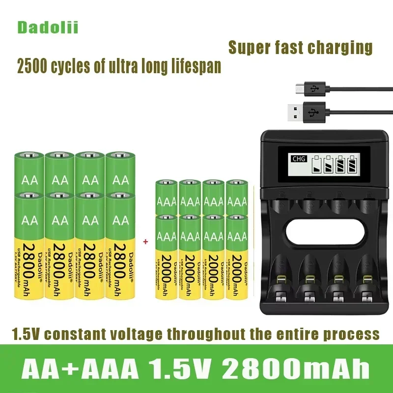 Batteria originale Dadolii AA/AAA Batteria ricaricabile agli ioni di litio ai polimeri di 1,5 V Batteria AA/AAA da 1,5 V con caricatore USB