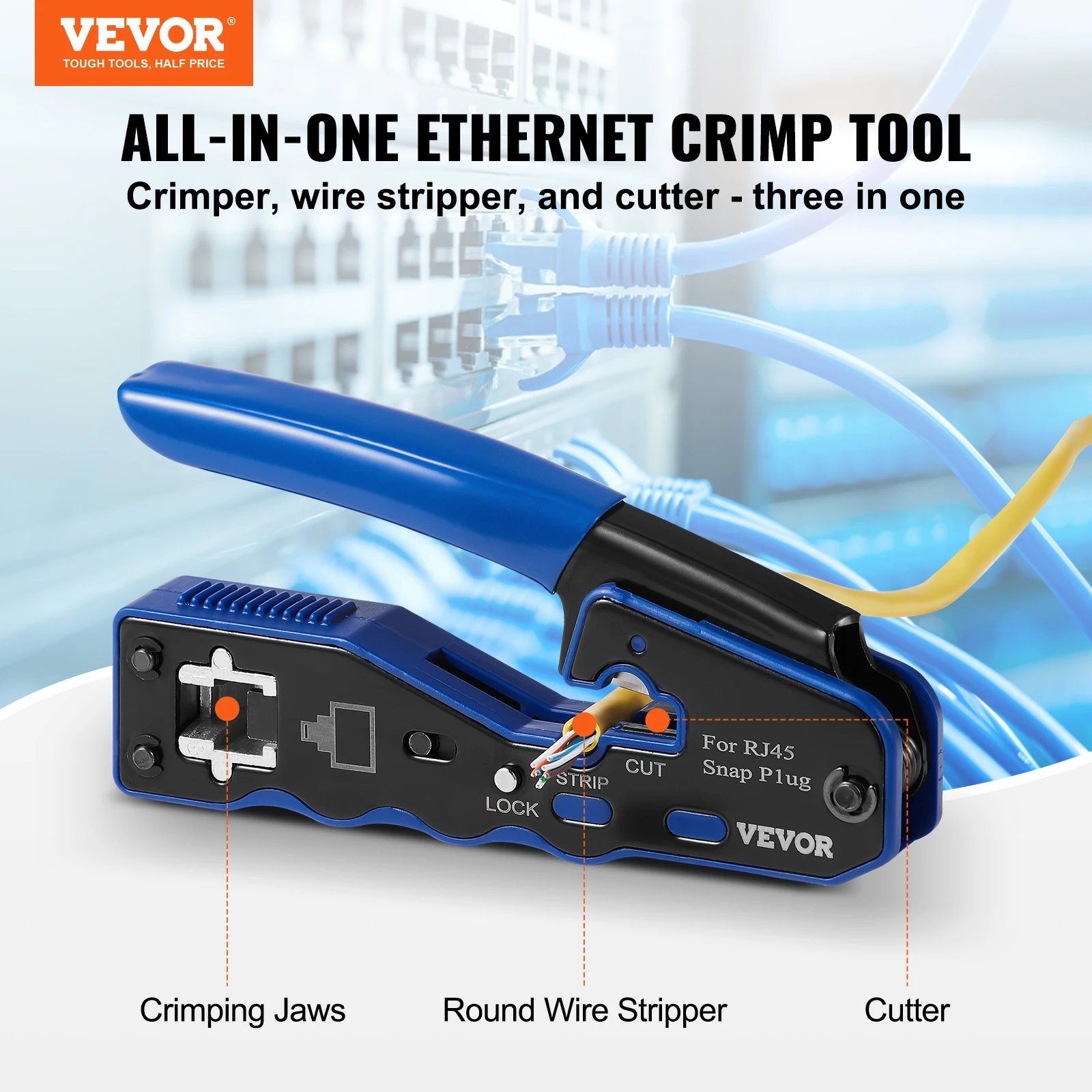 VEVOR Crimping Tool RJ45/Cat5e/Cat6/Cat6a Ethernet Crimper Crimp Pliers for 8-Pin Modular Plugs, with Mini Wire Stripper