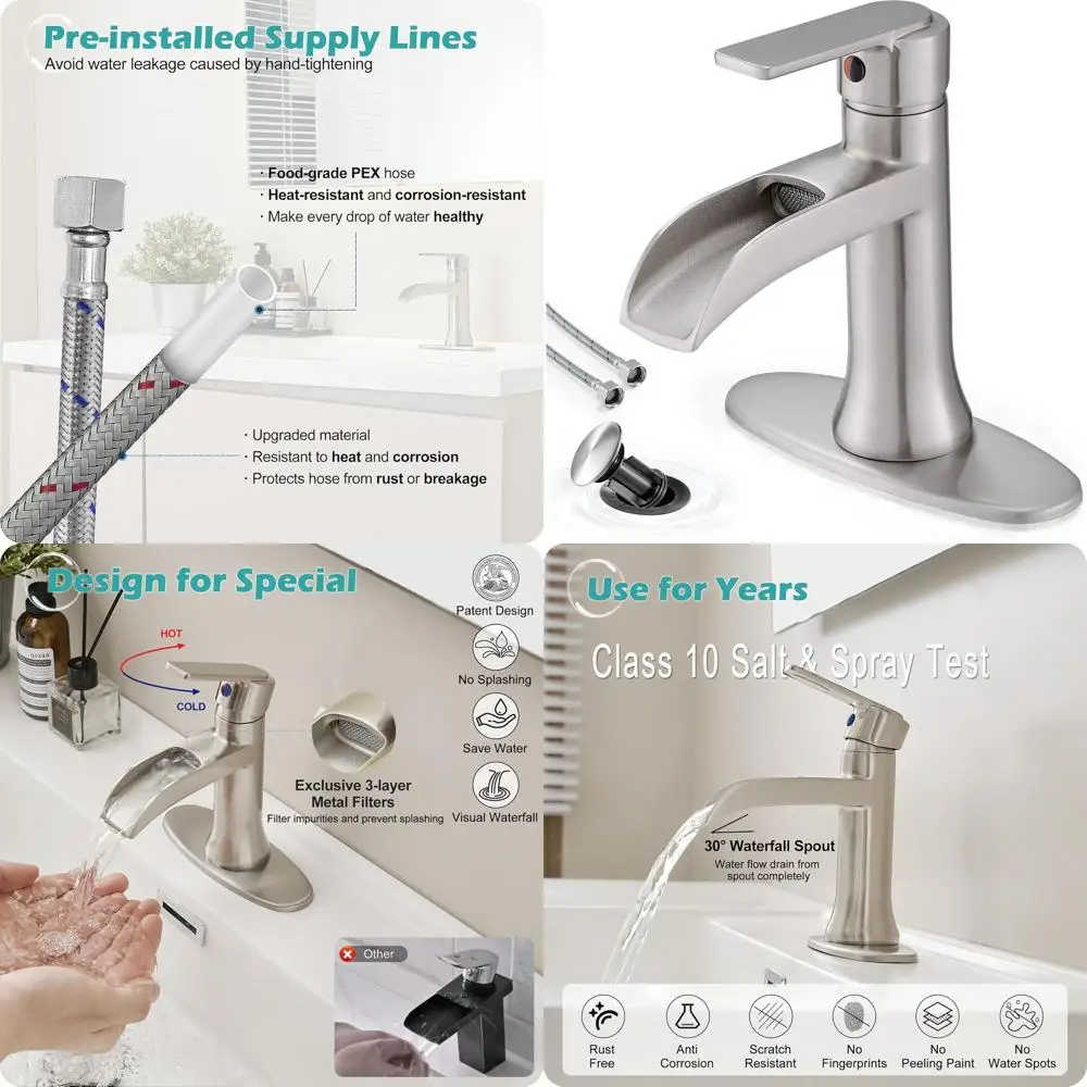 

Single Handle Brushed Nickel Bathroom Faucet with Drain and Deck Plate for 1-Hole or 4-Inch 3-Hole Sinks