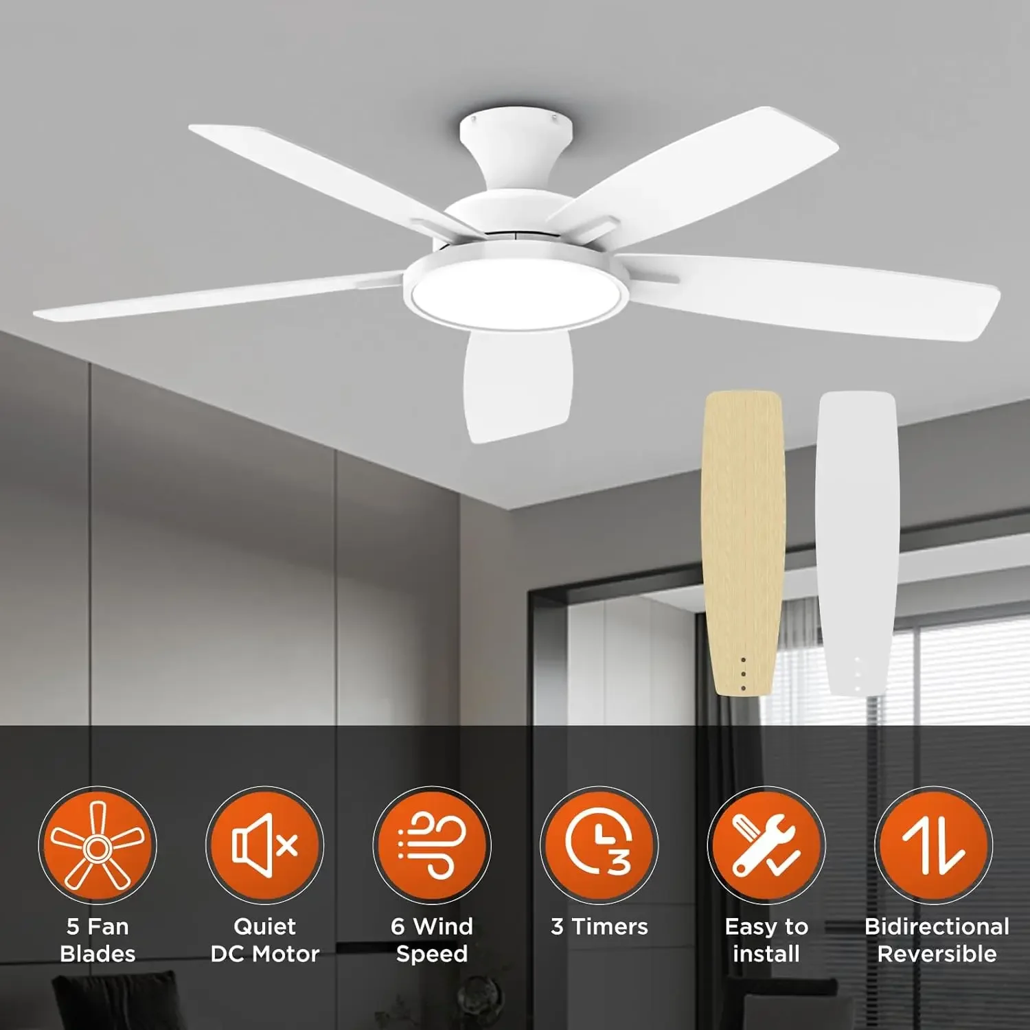 52 inch Ceiling Fans with Lights,Remote Control Multifunctional Quiet Fan with Three Color Temperature and Dimmable Light with R