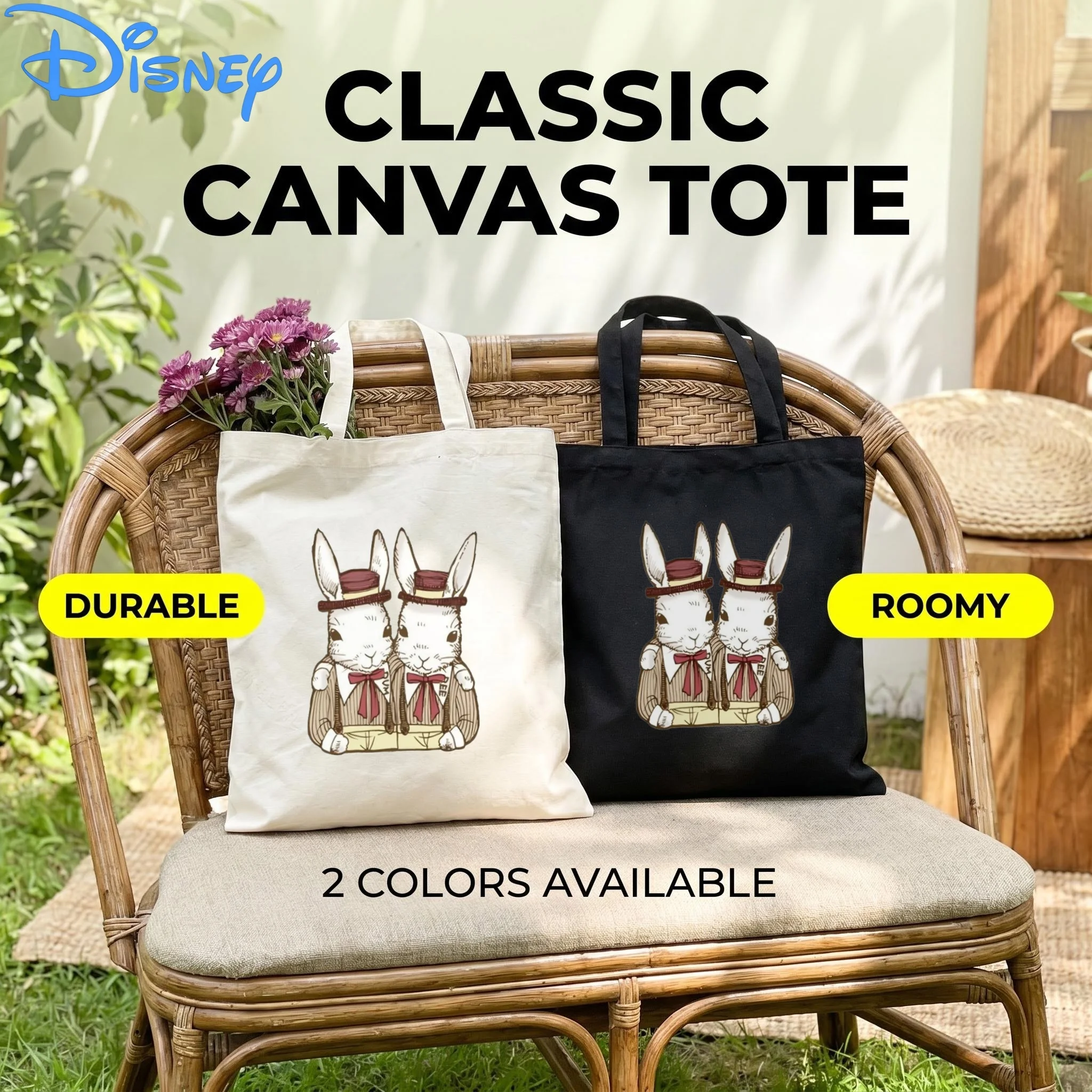 1 bolsa de lona de Disney Alicia en el País de las Maravillas, bolso de hombro ecológico con estampado de conejo gemelo