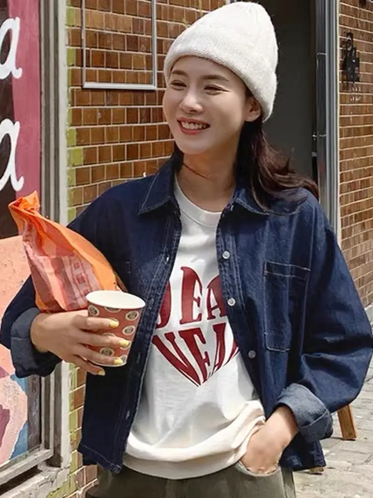 Women's Slimming ort Denim irt Double ket Loose Fit Waed  Collar Thin Outerwear Casual Commute Sle Cotton Blend