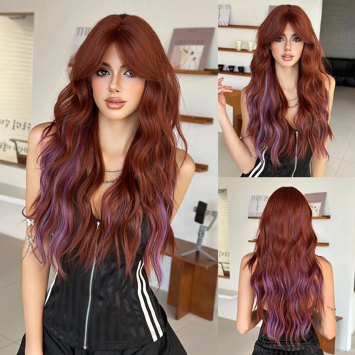NAMM Halloween Costume Long Wave Orange Hair Wig for Women Highlighted Purple Natural Look Soft High-Quality Synthetic Wig
