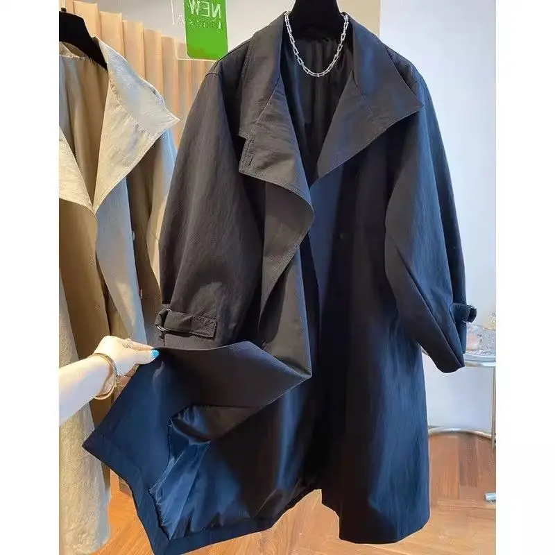 New Women's Casual Loose Long Stand Collar Windbreaker Spring Autumn Solid Comfortable Outerwear Regular Fit Princess Sleeve