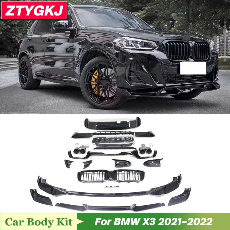 One Set High Quality ABS Black Small Car Body Kit Front Bumper Lip Rear Diffuser Spoiler With Tips For BMW X3 2021-2022