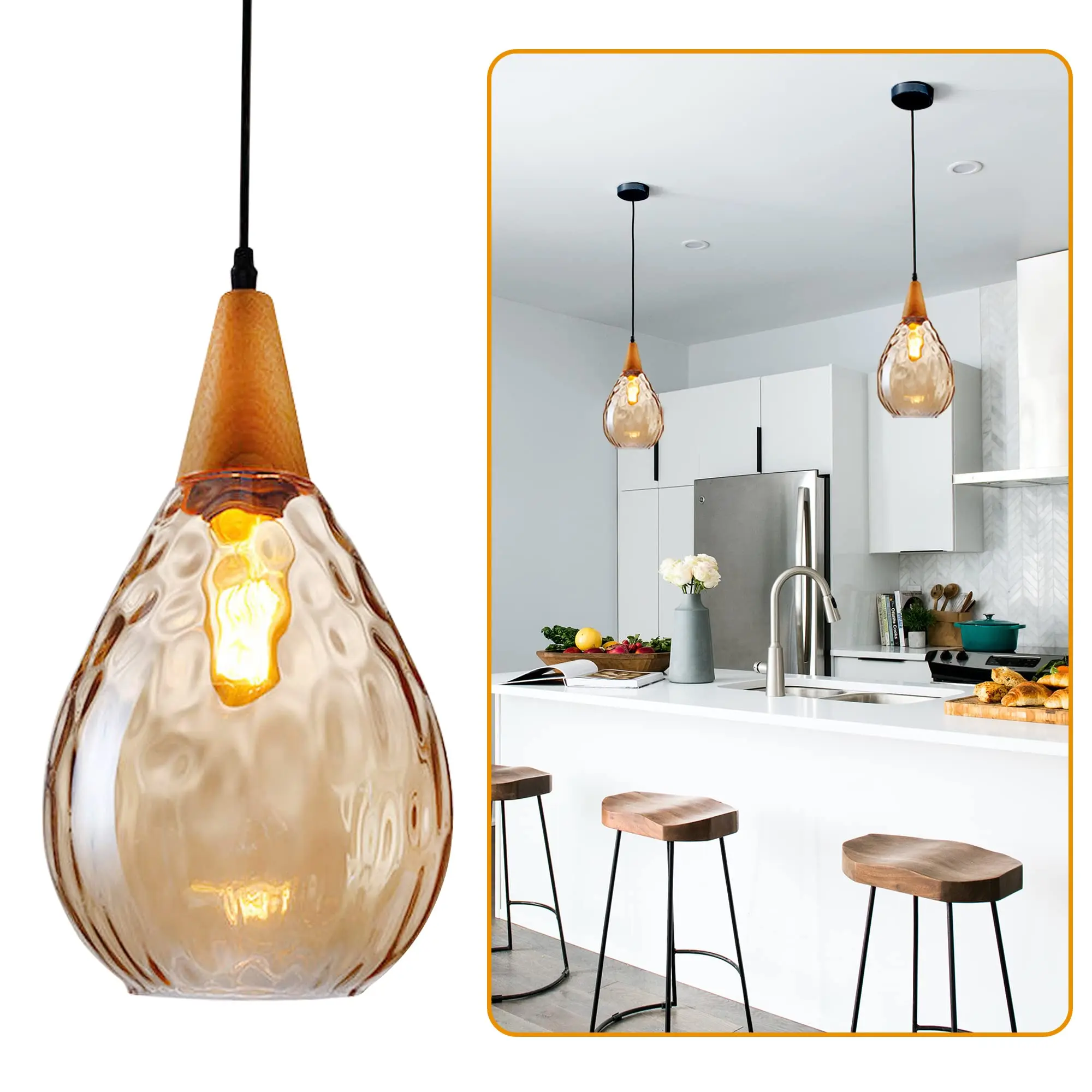 Glass Pendant Light for Kitchen Island Dining Room Ceiling Hanging Light Teardrop Dome Modern Glass Pendant Lighting E26*1