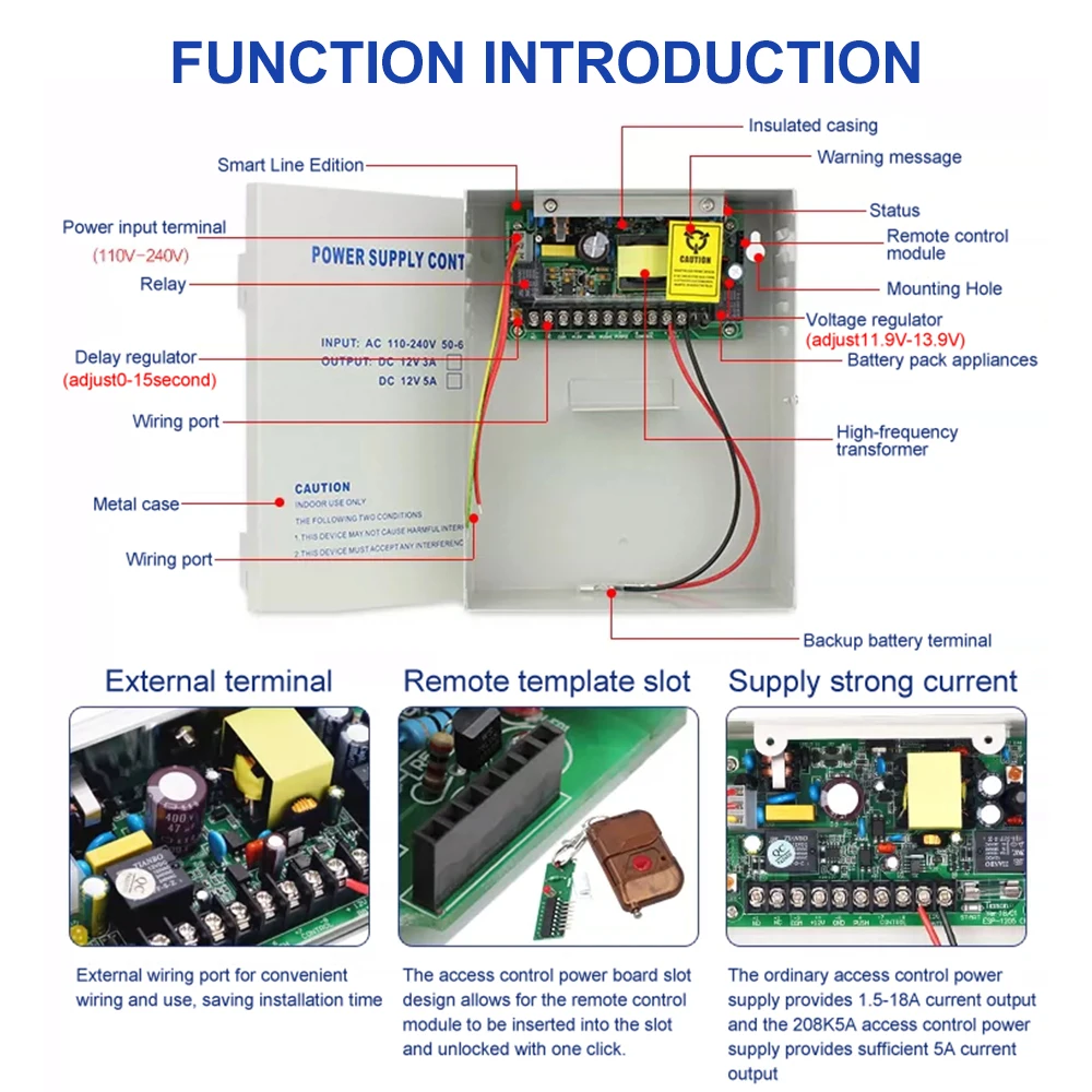 Fuente de alimentación Universal para puerta, sistema de control de acceso con interfaz de batería de respaldo, AC100-260V DC12V 5A