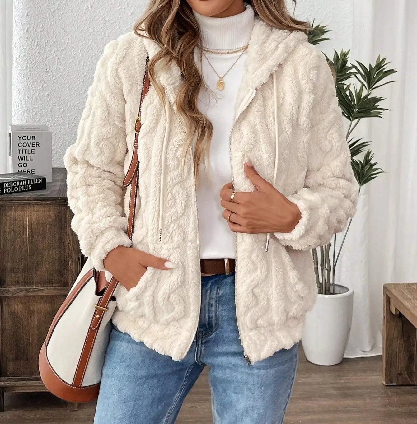 

2025 Women Autumn White Zipper Jacket White Long Sleeve Thick Plush Warm Coat Loose Winter Soft Lady Short Hooded Coat