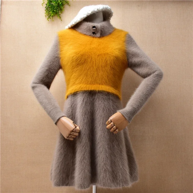 ladies women fashion colored autumn winter clothing mink cashmere knitted turtleneck slim blouses pullover long sweater dress