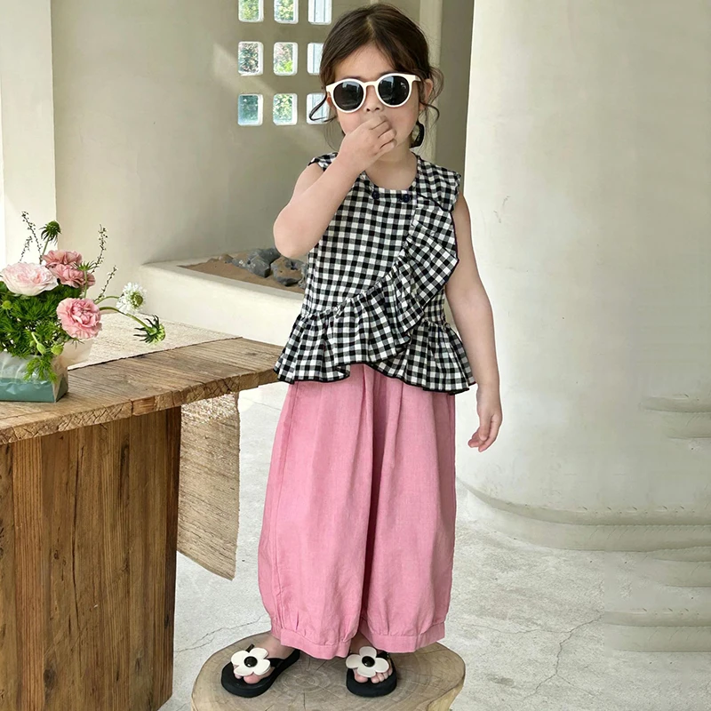 Korean Style Girls Clothes Sets Summer Children Sleeveless Suit Teenage Girls Plaid Vest Pants Casual Outfit Clothing Set