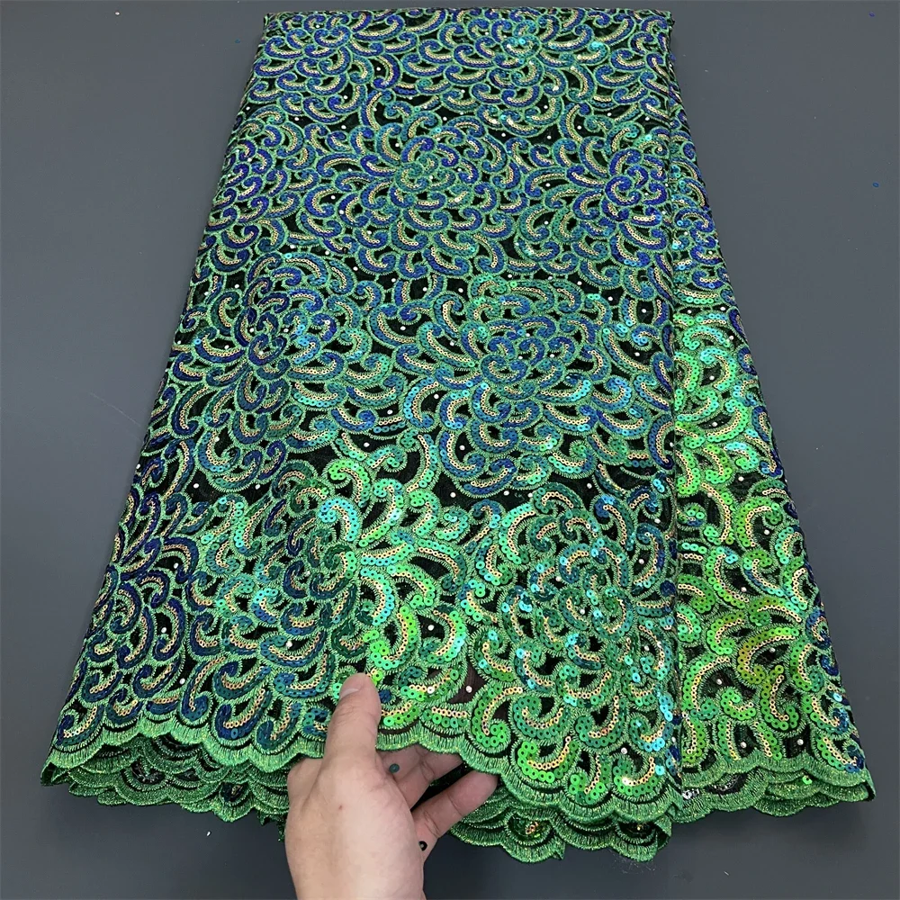 

African Nigerian Sequins Embroidery Tulle Lace Fabric, Sewing Beads Stone Prom Dresses, High Quality, 5Yards, 2025