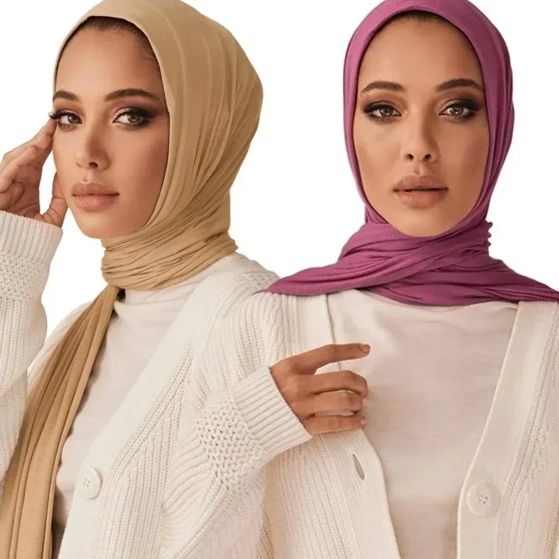 Lenço Modal de Algodão Jersey Hijabs para mulheres, lenço muçulmano longo, xale, elástico, lenços lisos fáceis, envoltórios de cabeça, bandana,