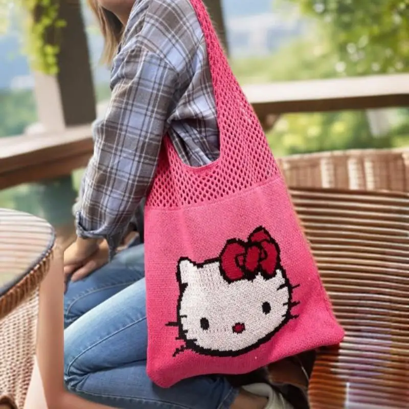 Y2K Kawaii Kt Cat Anime Cartoon Knitting Yarn borse a tracolla Childlike Cute Vacation Braid Mesh Bag Street Style Fashion Handbag