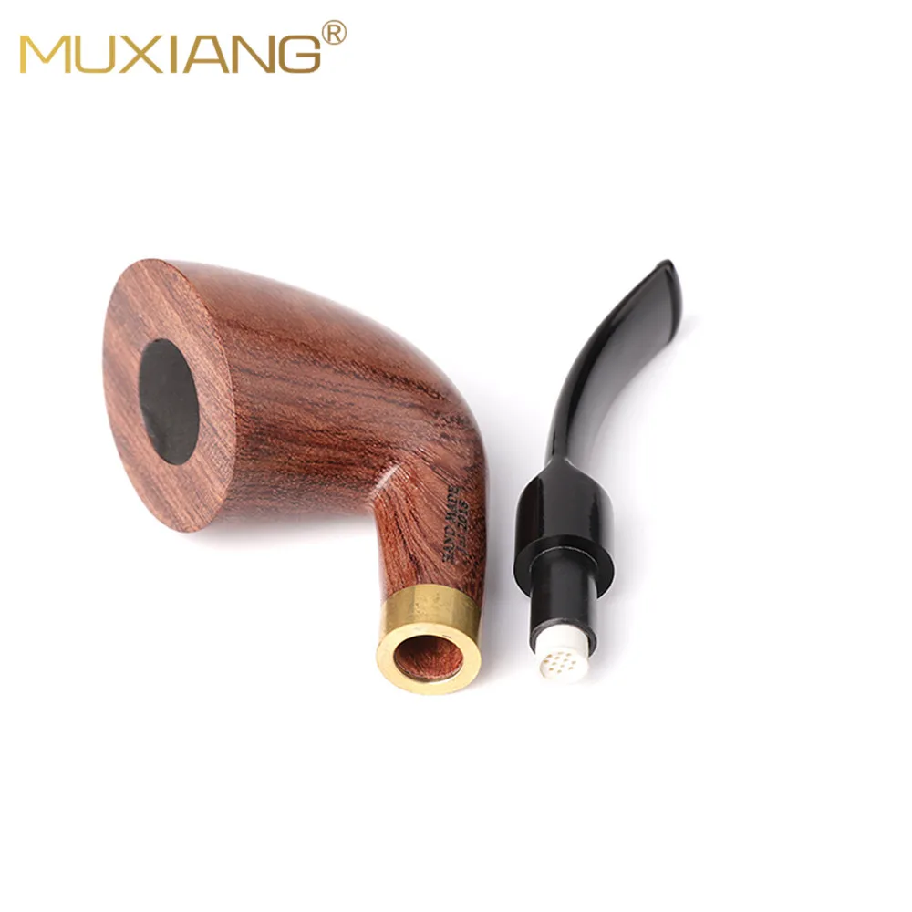 MUXIANG Dublin series tobacco pipes, handmade curved handle sandalwood pipe, 9mm pipe channel, with metal reinforcement ring