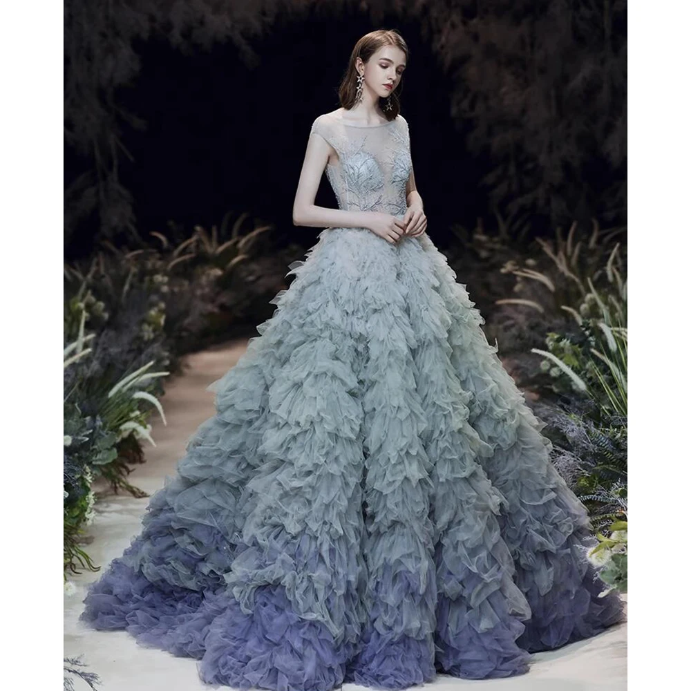 Elegant Ball Dress Fashion O-Neck Cap Sleeve Beaded Pleated Tulle Court Train Empire Gradient Women Prom Evening Dress 2023