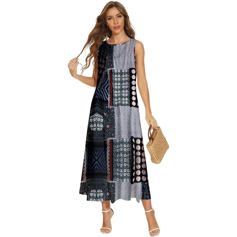 

Spring Summer Fashion Women Beach Long Dress Vintage Bohemia Printed Casual Sleeveless Pocket Dress Clothing Holiday Vestido