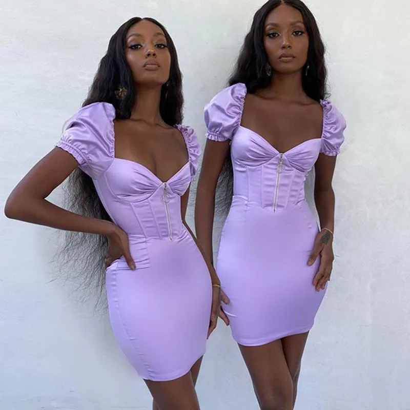 Damski top tuba w stylu INS, nowość na jesień 2021, jednolity kolor, satynowa sukienka z głębokim dekoltem w serek i bufiastymi rękawami, modna.