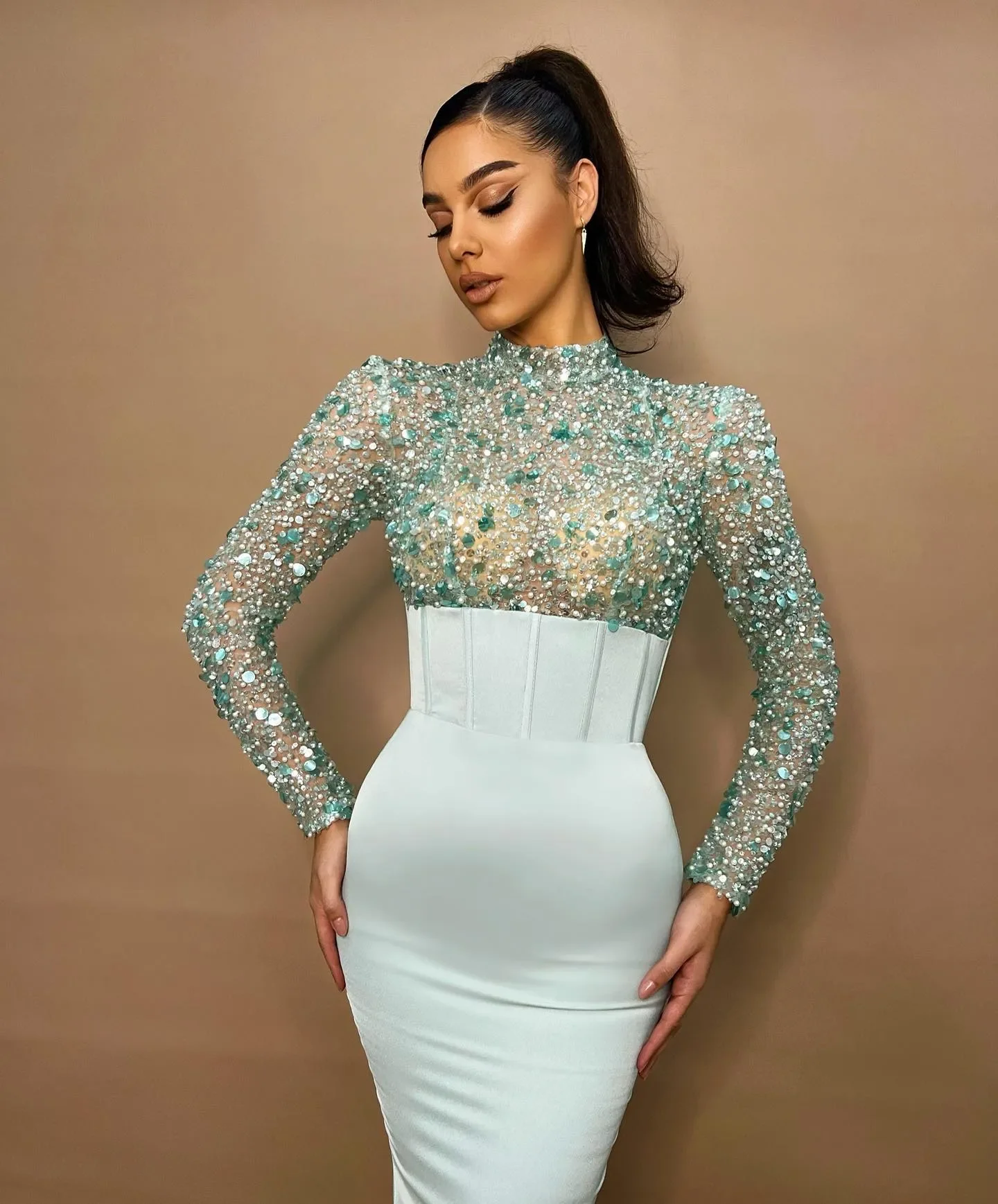 Customized Sexy Mint Green Mermaid Prom Dresses High Neck Long Sleeves Sequins Evening Gowns Formal Red Carpet Long Special Occa