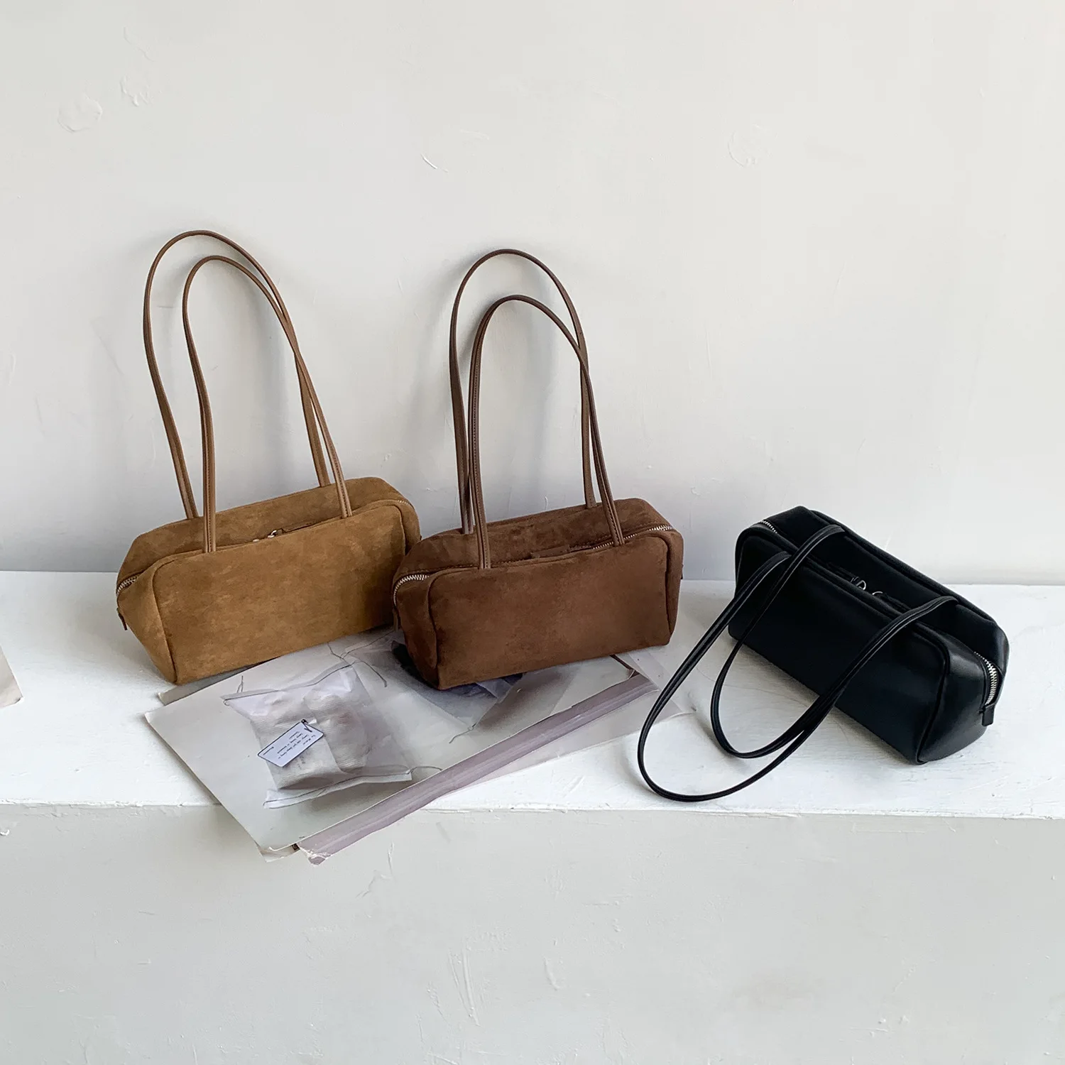 Wildleder Boston Tasche Baguette Tasche Handtasche Schultertasche Damen Vintage Kissen Unterarmtasche für den Alltag – Detail 1