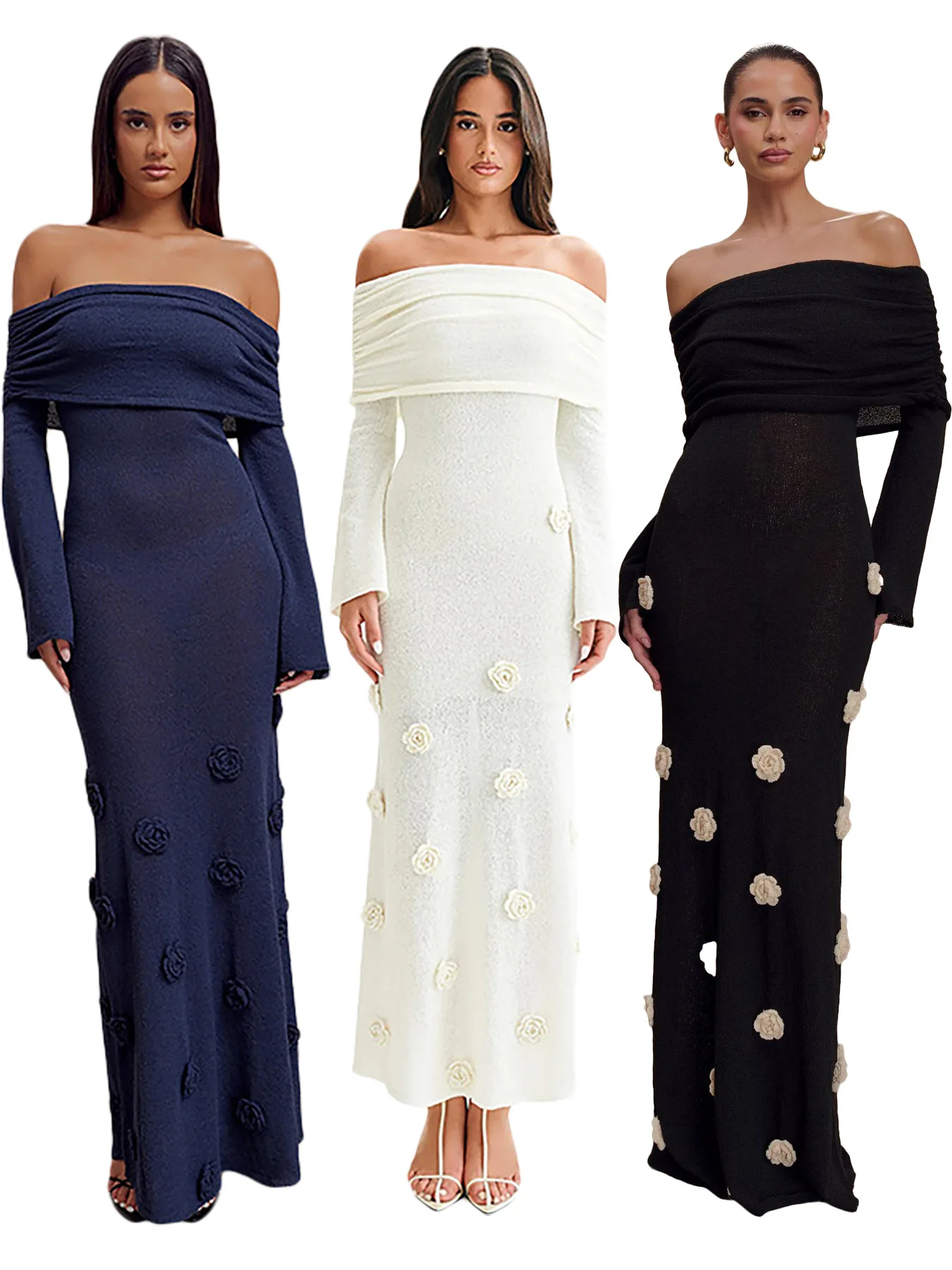 

2025 New Elegant Women 3D Flower Party Dress Slash Neck Long Sleeves Solid Vintage Long Dresses Real Picture