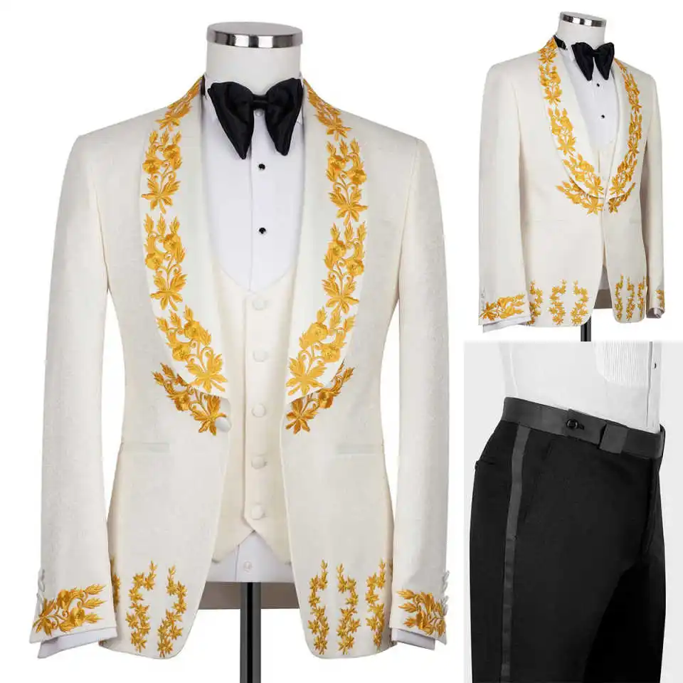 

Classic Appliques Wedding Suits For Groom Shawl Lapel Single Breasted Tuxedos 3 Pcs Jacket Pants Vest Party Prom Customized
