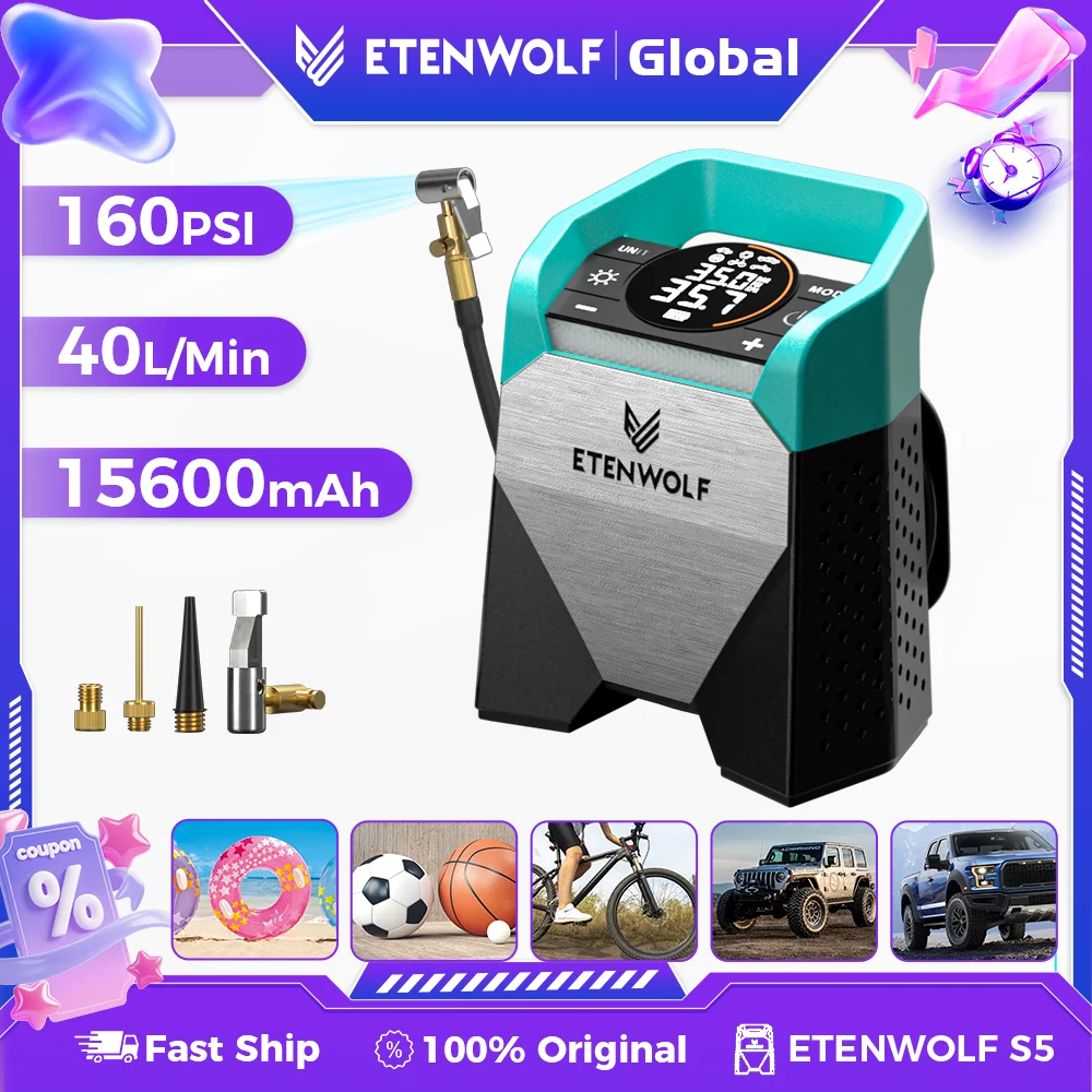 ETENWOLF ZEPHYR S5 Portable Tire Inflator 160PSI Heavy-Duty Car Compressor with 15600mAh for Pickups Cars Motorcycles Bicycles