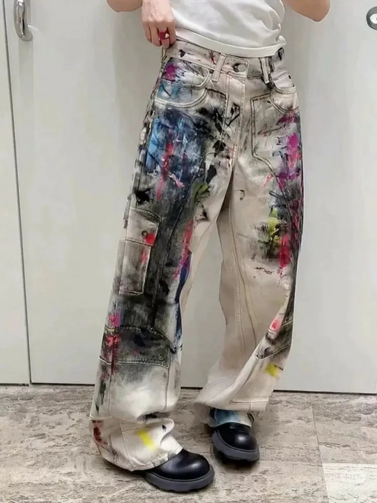 Hip Hop Vintage Graffiti Print Persönlichkeit Jeans Frauen High Street Gerade Hosen Lose Fit Neue Weibliche Casual Denim Hosen