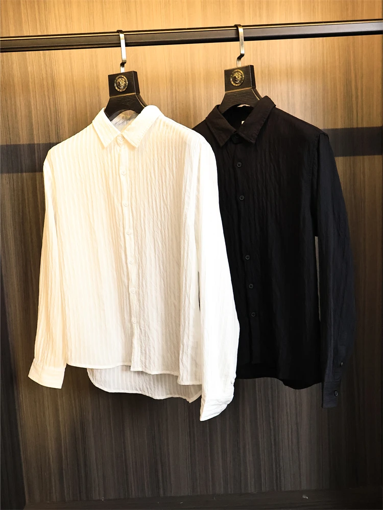 

Japanese Style Artistic Men's Long Sleeve Shirt Folded Texture Pure Color Simple Fashionable Collar Breathable Loose Fit Casual