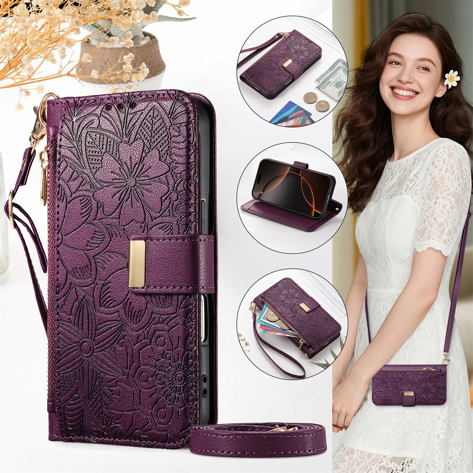 

Multi 6 Cards Crossbody Zipper Wallet Case For Infinix Smart 20 10 HD 9 8 Plus Note 50 Pro 30 30i 12 Flower Leather Flip Cover