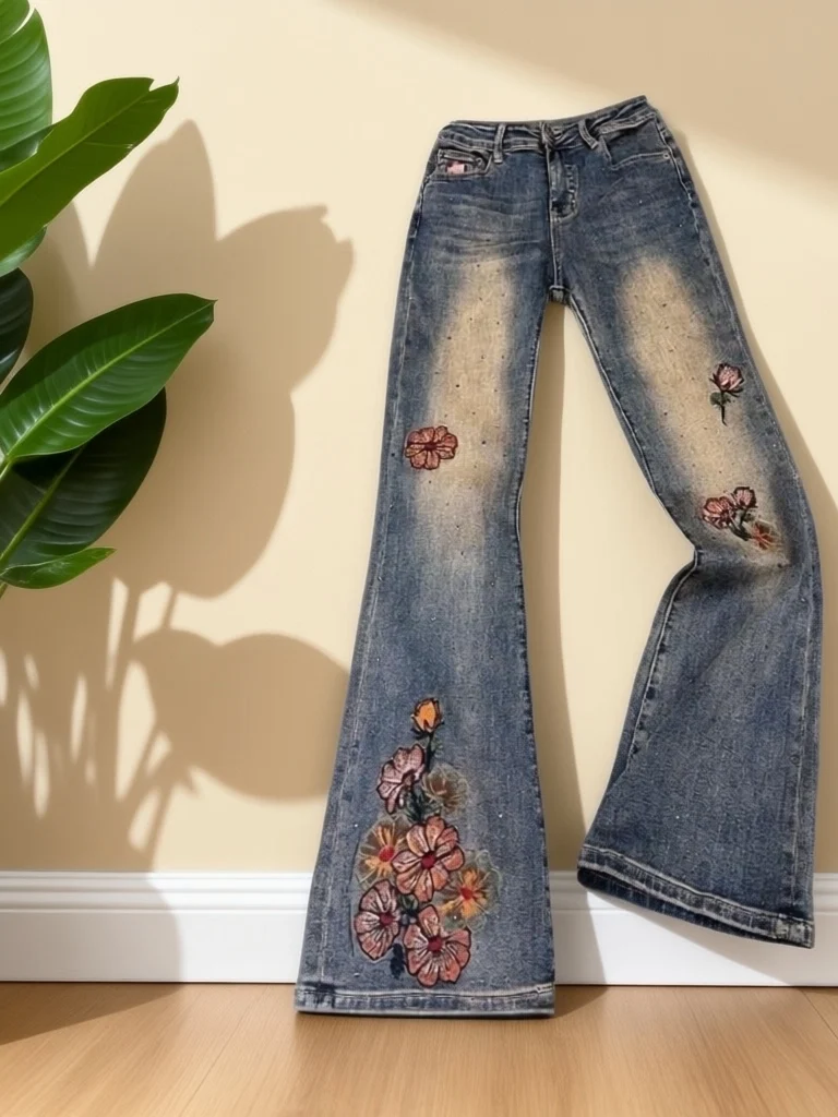 

Elegant Embroidered Rhinestone Denim Micro Flared Pants Slimming Long Trousers for Women Casual High Waist Spring Fashion