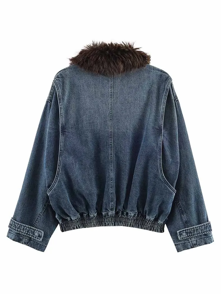 

HH Woman Fashion Loose Denim Fabric Faux Fur Collar Long Sleeves Zipper Bomber Winter Jacket Female Casual Warm Short Jacket