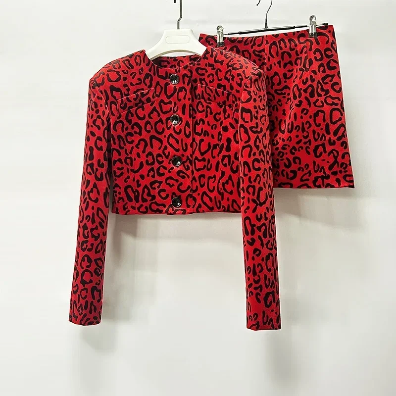 2025 Spring New Fashion Women Long Sleeve O-neck Leopard Print Single Breasted Jacket A-line Skirt Red Gold Velvet Dress Sets