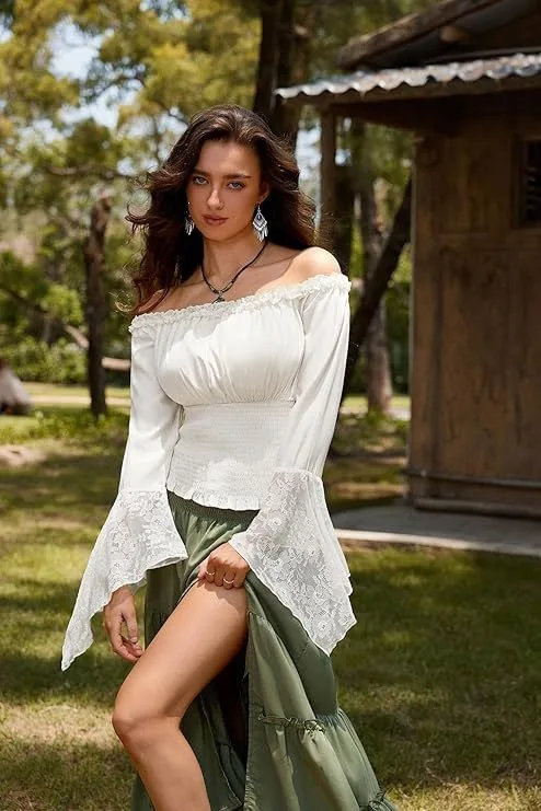 

Women Shirt Blouse Long Sleeve Renaissance Medieval Chemise Victorian Gothic Retro Peasant Wench Off Shoulder Resist top