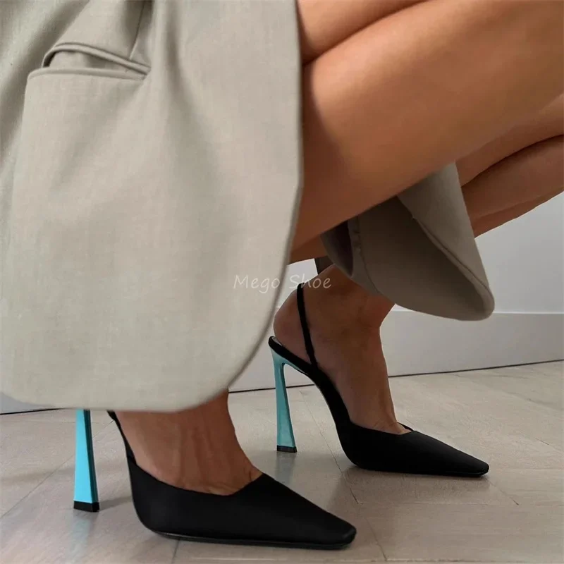 2024 New Summer Square Toe Shallow High Heels Sandals Blue Color Heels Black Silk Stiletto Shoes for Women Brand Design Shoe