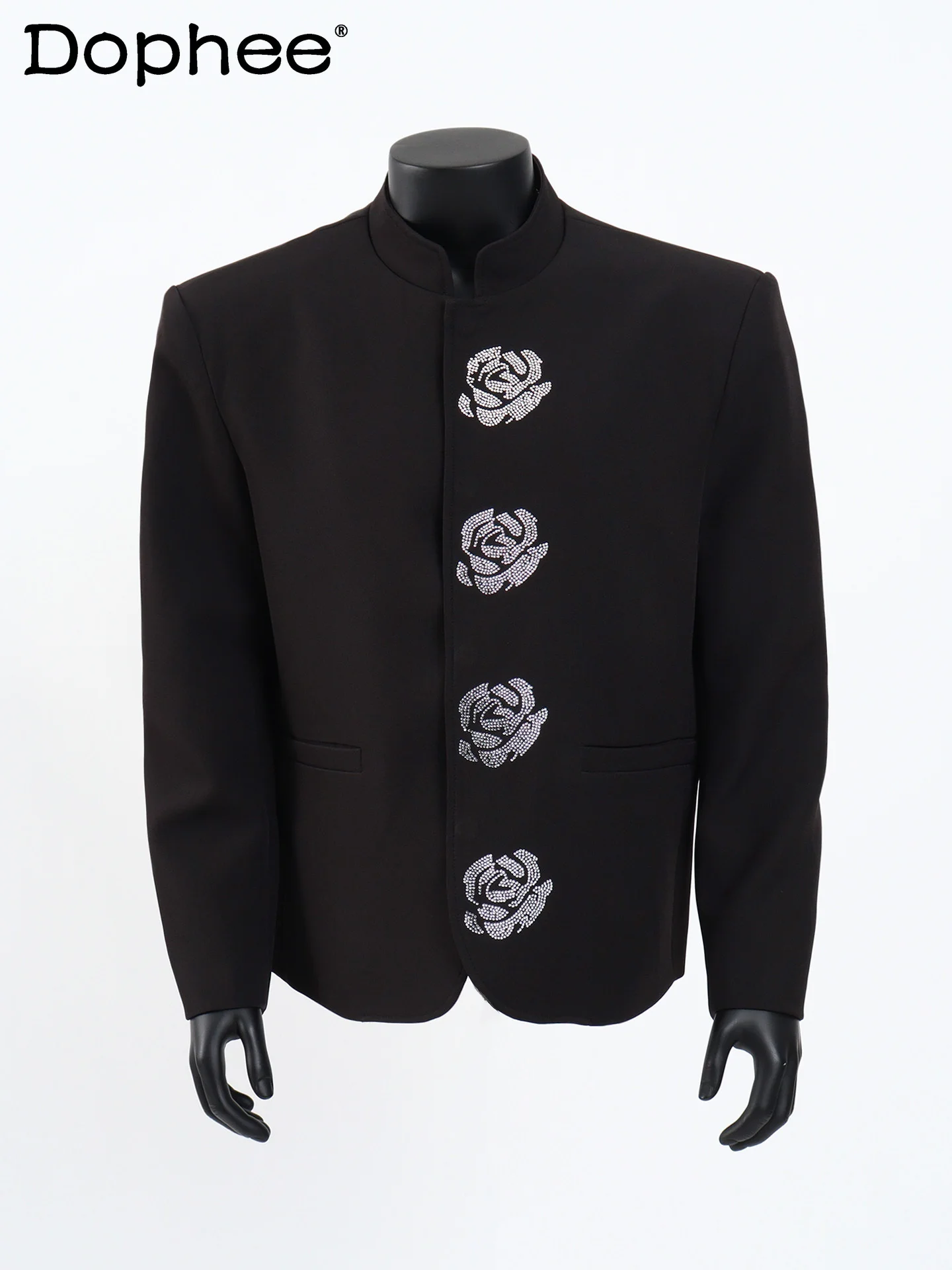 

Осень 2023, новый стиль, новый черный пиджак в китайском стиле с воротником-стойкой, красивый мужской высококачественный прочный пиджак со стразами, тренд