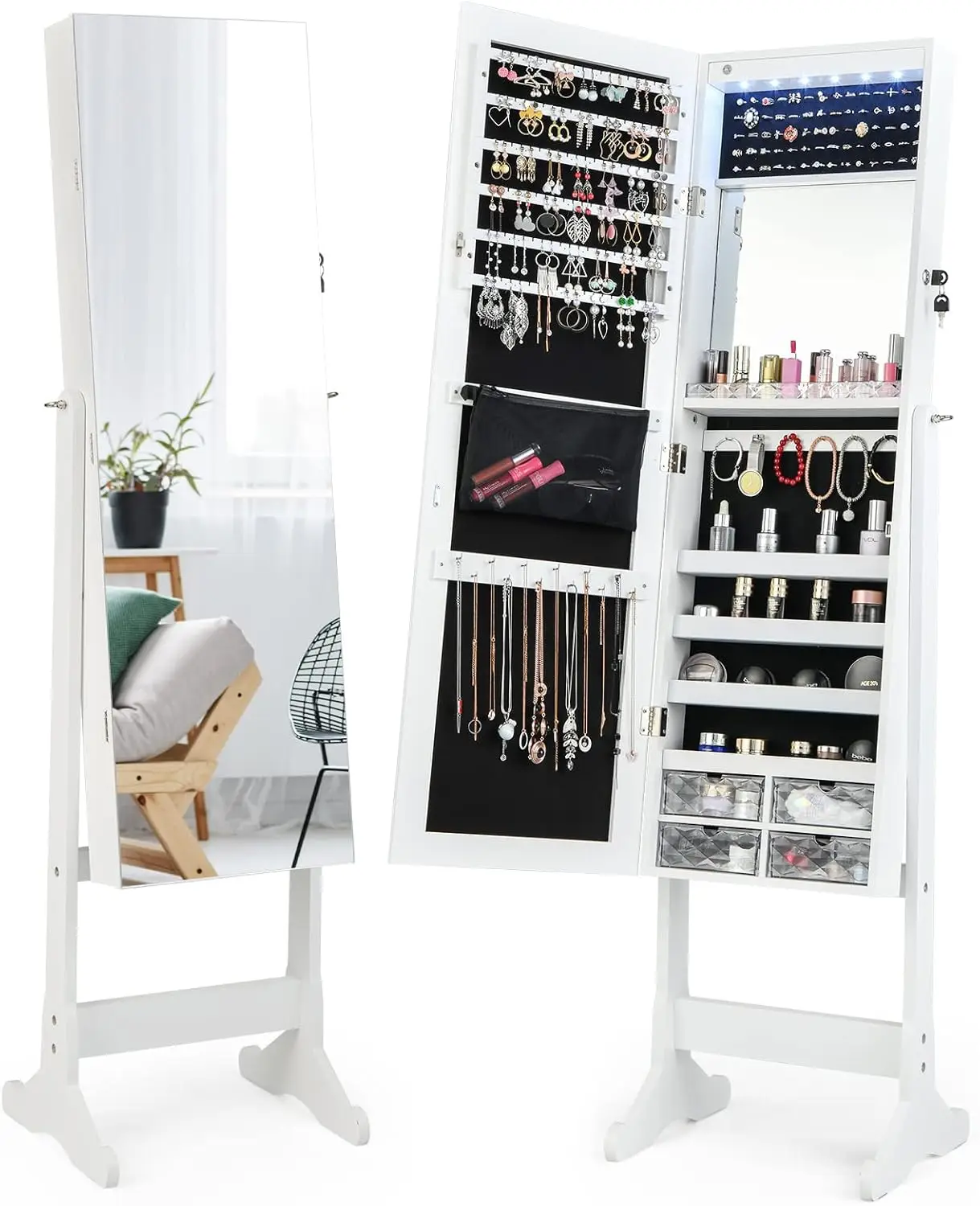 Jewelry Cabinet Freestanding, Jewelry Armoire Organizer with Full-length Frameless Mirror, Acrylic Drawers, Inner Makeup Mirror, Lipstick Tray, LED Lighted Jewelry Storage Box(White)