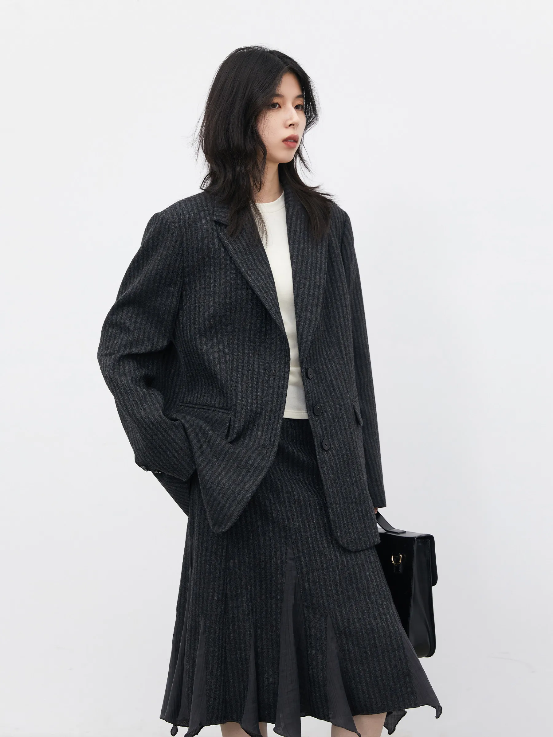 CHIC VEN Fashion Women Woolen Blazer Coat Loose Casual Office Ladies Suit Jacket Striped Fish Tail Skirt Set Autumn Winter 2026 view 2