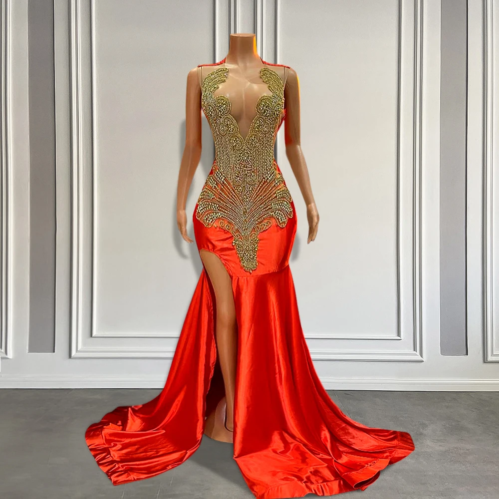 

Orange Red Satin High Slit Sexy Prom Dress Black Girls Sleeveless Long Luxury Gold Crystal Beaded Mermaid Prom Gowns Customized