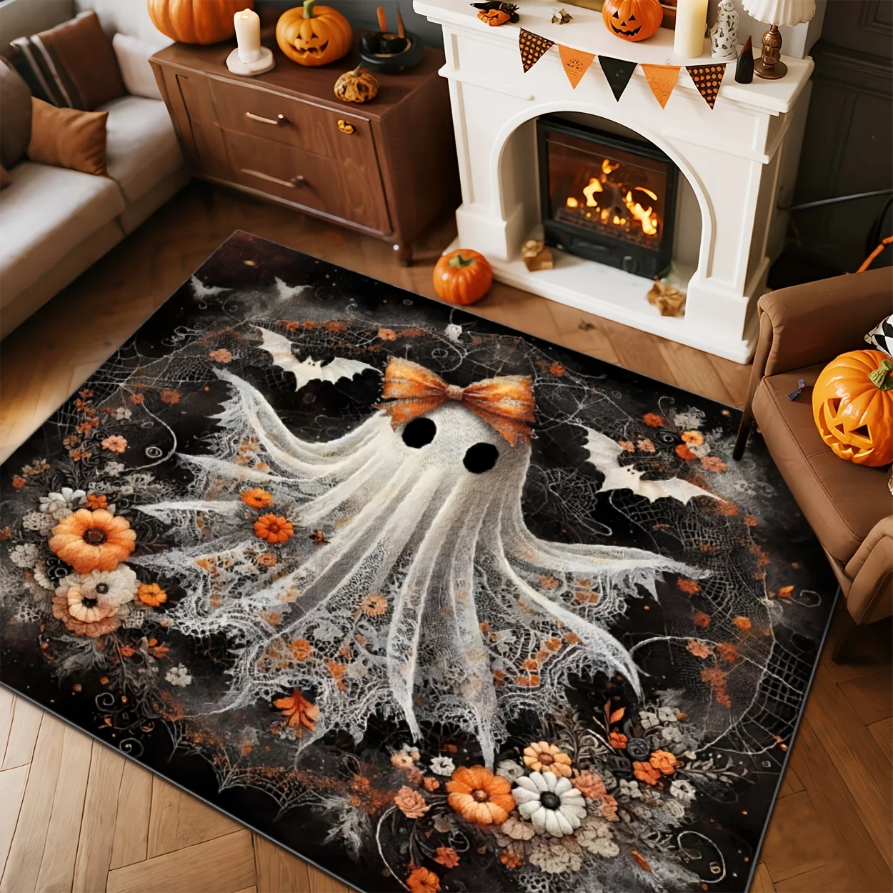 Dark Purple 3D‑Effect Pumpkin Halloween Rectangle Area Rug,Maple Leaf Bat Spider Web Printed Floor Carpet