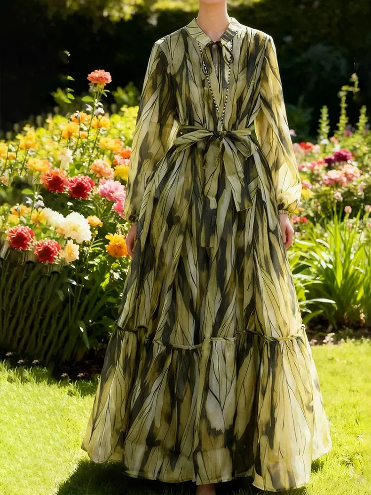 

Высококачественный дизайн с чернильной печатью, свободное платье с v-образным вырезом и длинными рукавами, осенняя женская новая длинная юбка А-образной формы со шнуровкой на талии