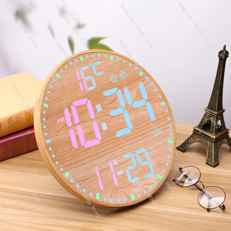 12 Inch Bamboo Frame Digital Wall Clock, RGB Music Rhythm Smart Perpetual Calendar Alarm Clock for Living Bedroom