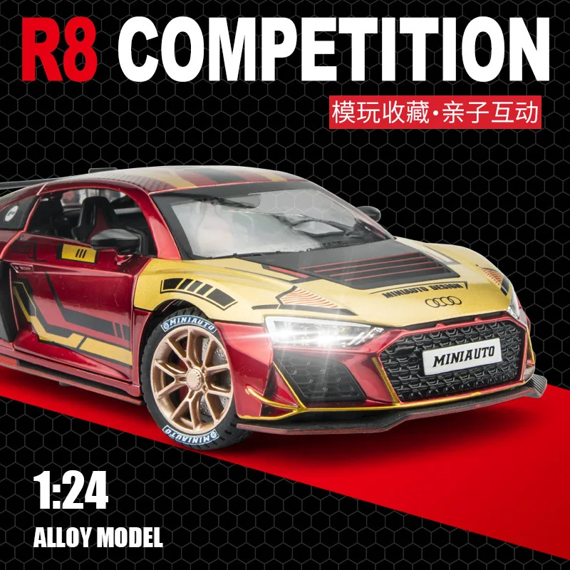 Auti r8 v10子供用レーシングカー玩具、1:24ダイキャストメタルミニチュア、プルバックサウンドとライトコレクション、男の子へのギフト