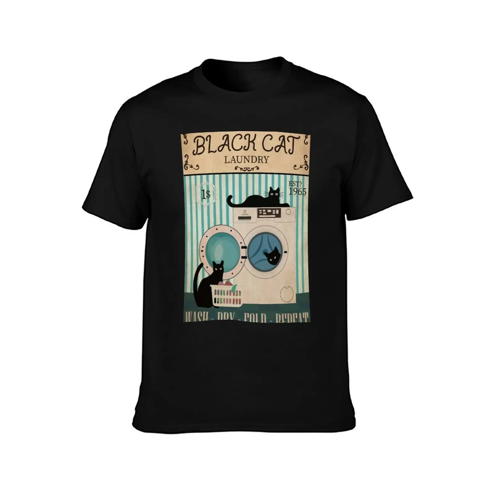 Black Cat Laundry Wash Dry Fold Repeat T-Shirt Independence Day Short Sleeve T-Shirt