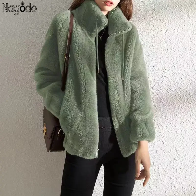 Nagodo-abrigo de felpa de piel sintética para mujer, Chaqueta corta con cremallera y bolsillo, abrigos de terciopelo de doble cara A la moda, talla