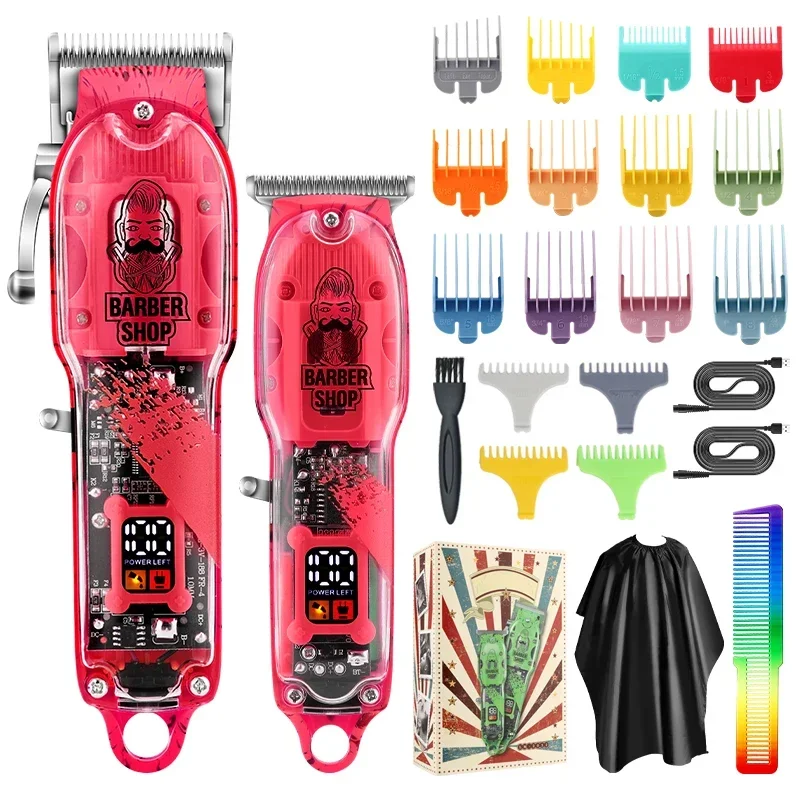 2PCS Hair Clippers Transparent Visual Body Hair Cutter LM-2032 Professional HairTrimmer Suit Shaver Electric Cordless Barber LCD