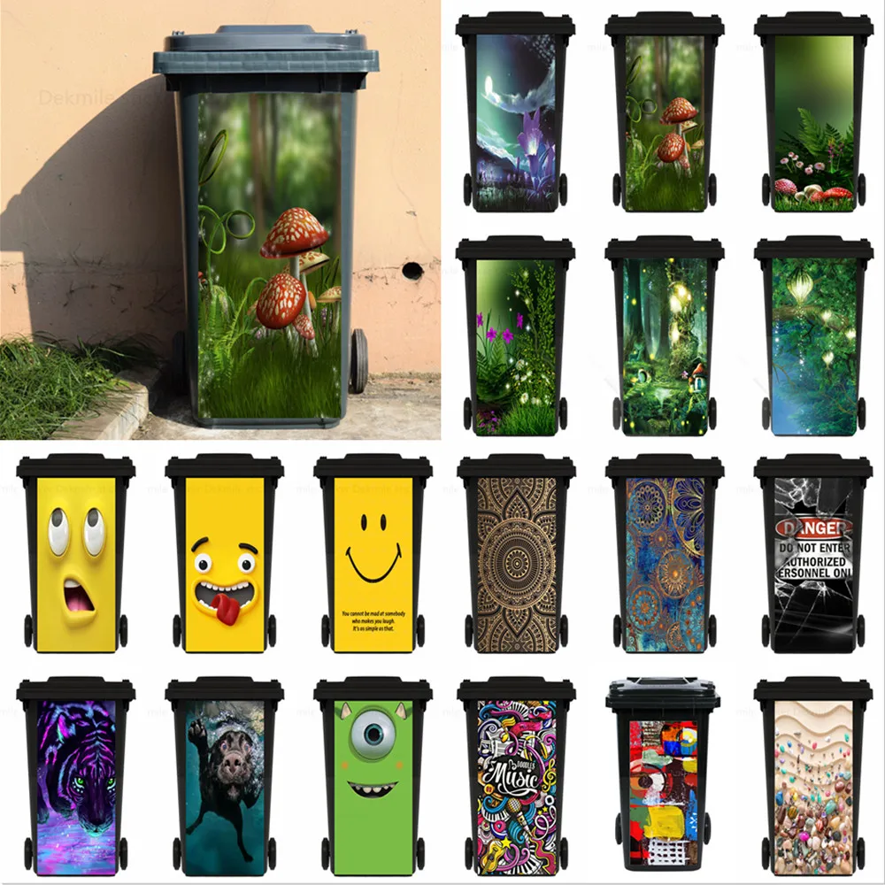 Jungle Mushroom Trash Can Sticker Outdoor Dustbin Decoration Wallpaper Self-adhesive PVC Plants Decal Rubbish Bin Sticker Smile