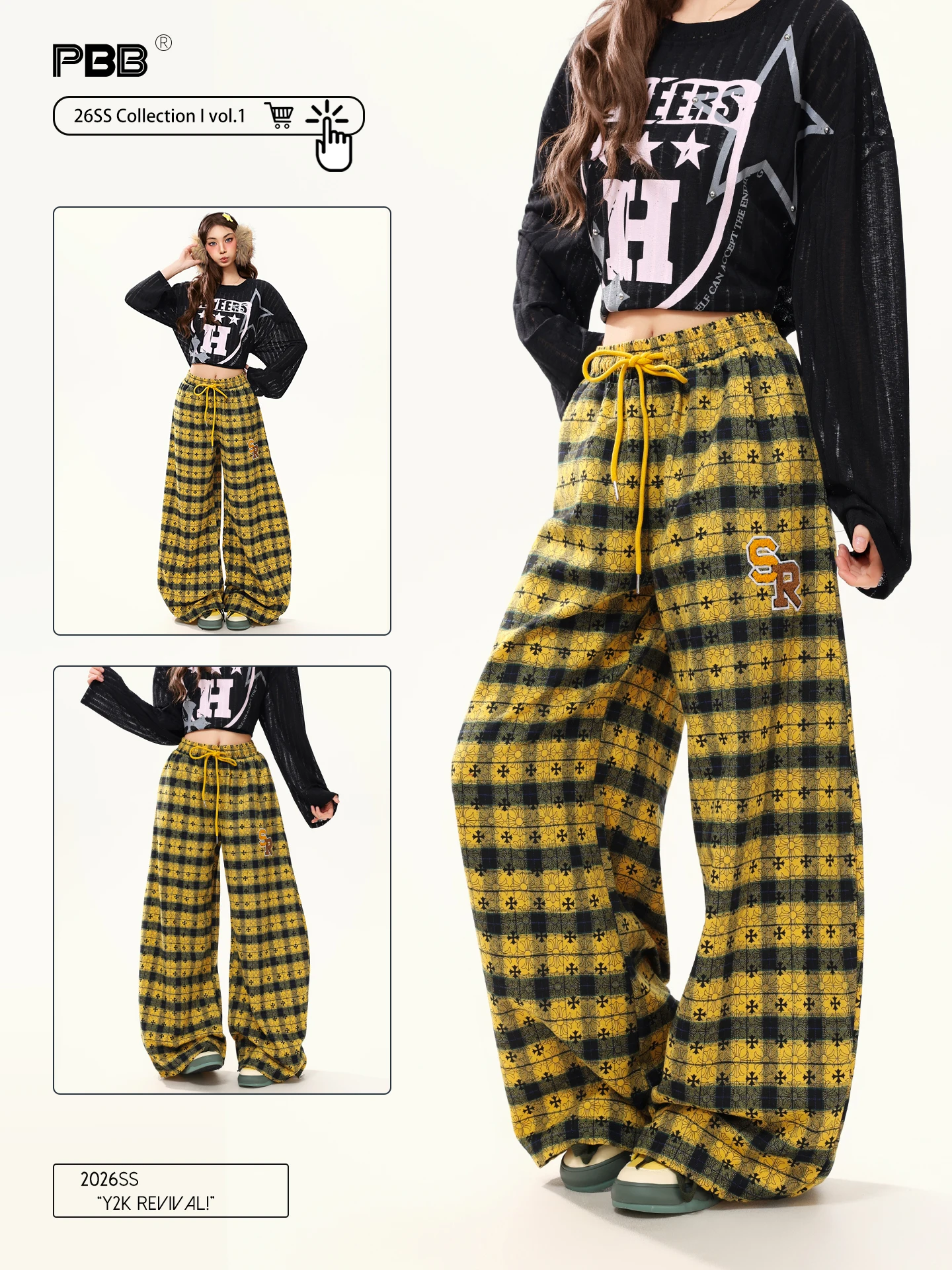 

PBB American Retro Yellow Plaid Embroidery Casual Pants Women's Elastic High Waist Belted Casual Knife Wide Leg Pants