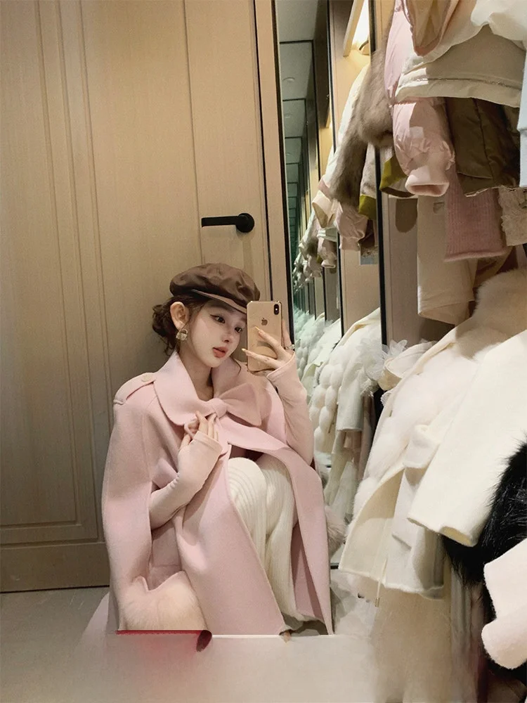 

Двустороннее шерстяное пальто, женское меховое пальто с прозрачным воротником, обычная длина све, однотонное, для поездок на работу, зима 2023,