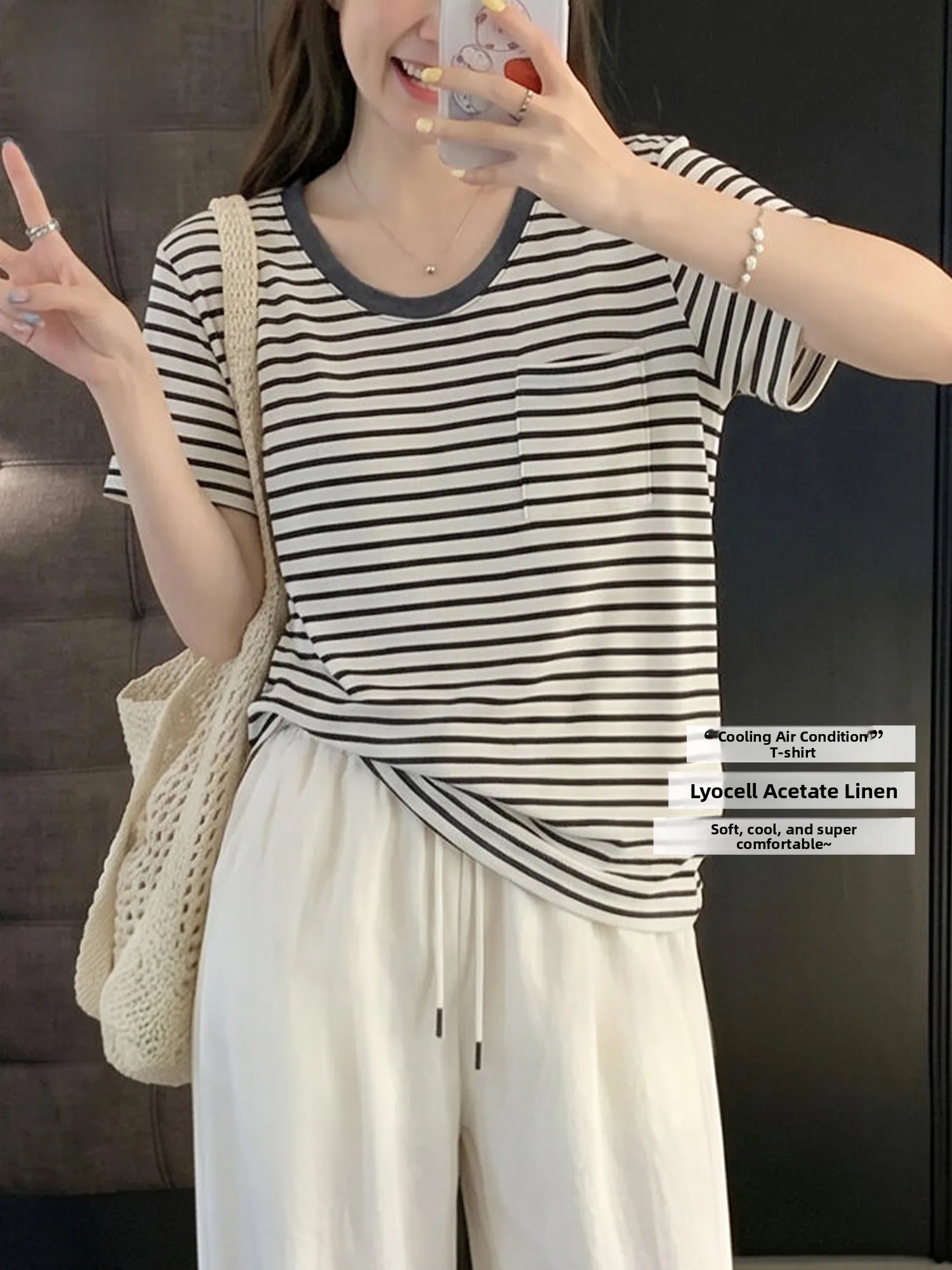 

Lightweight Breathable Summer Stripe Ice Silk Short Sleeve Loose Knitted Linen Top Women's T-shirt Casual Style Universal Fit