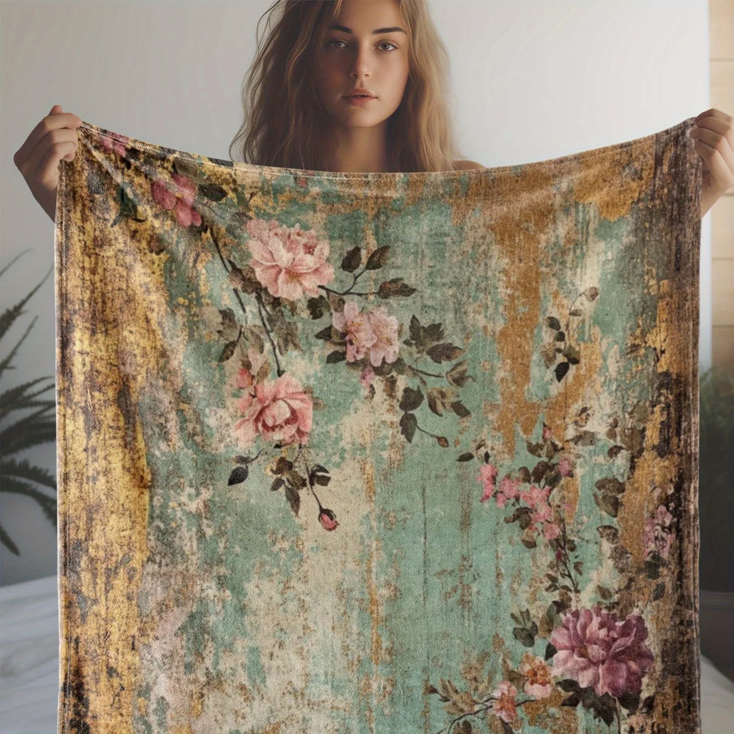 1pc Chic Floral Blanket, Vintage Themed Decor, Perfect for Living Room & Bedroom, Warm Throw for Retro Home Aesthetics